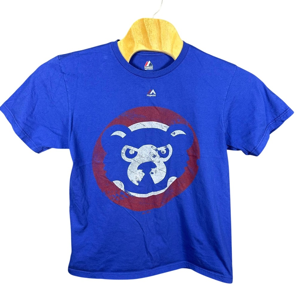 Majestic Chicago Cubs MLB Graphic T-Shirt Mens Large Blue Distressed Bear Logo